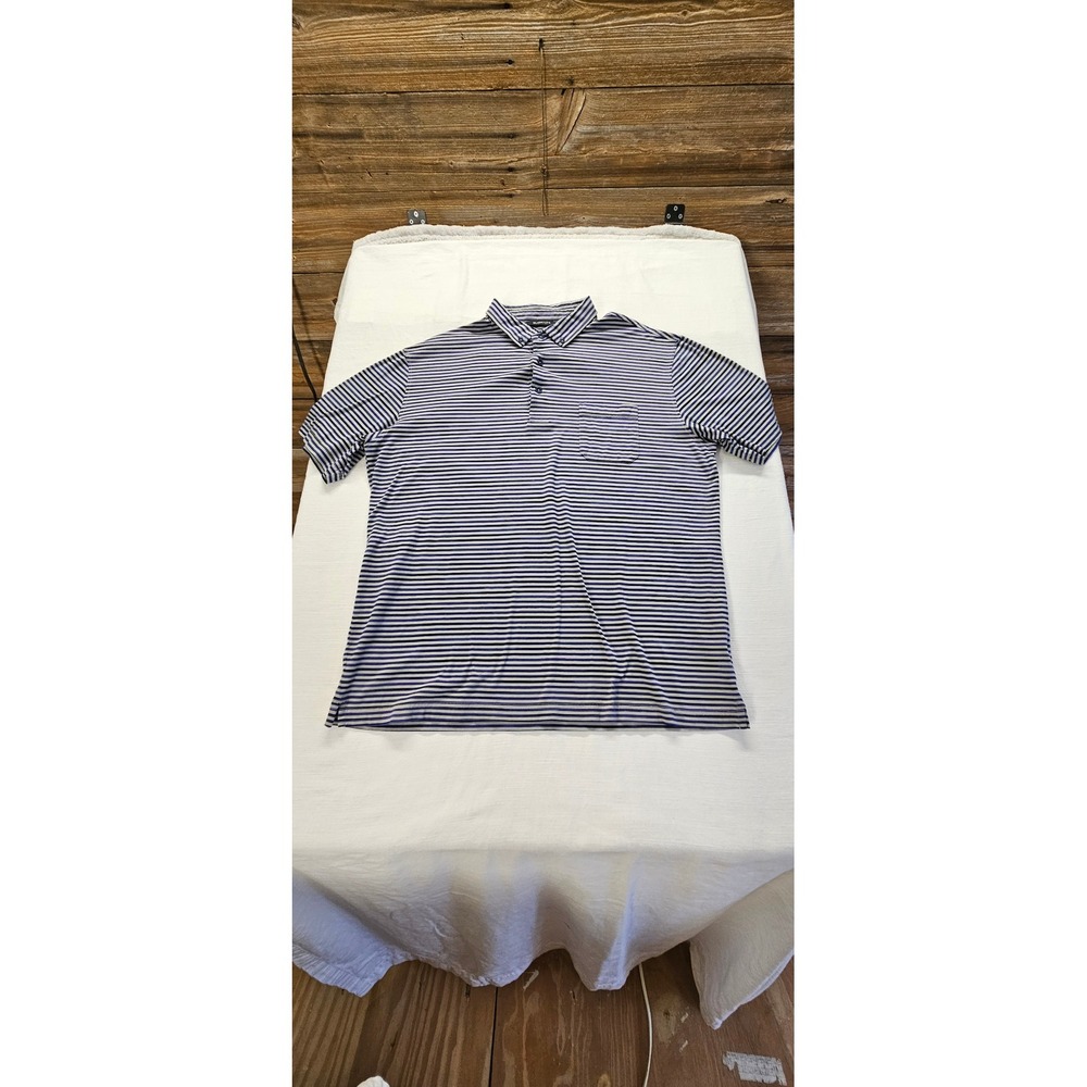 Bugatchi Mens XL Polo Shirt Navy Blue Striped Short Sleeve Chest Pocket Logo
